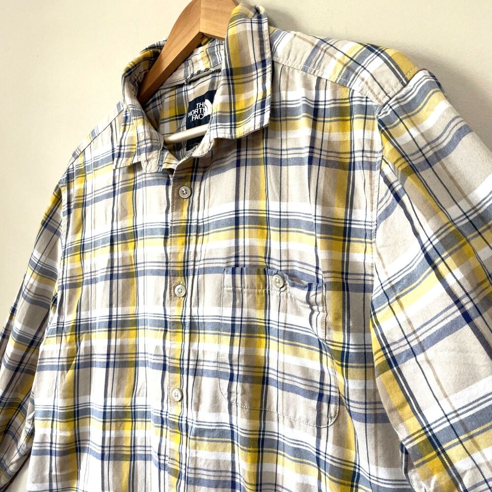 Mens Large The North Face Button Up Down Long Sleeve Shirt Outdoor Travel Yellow